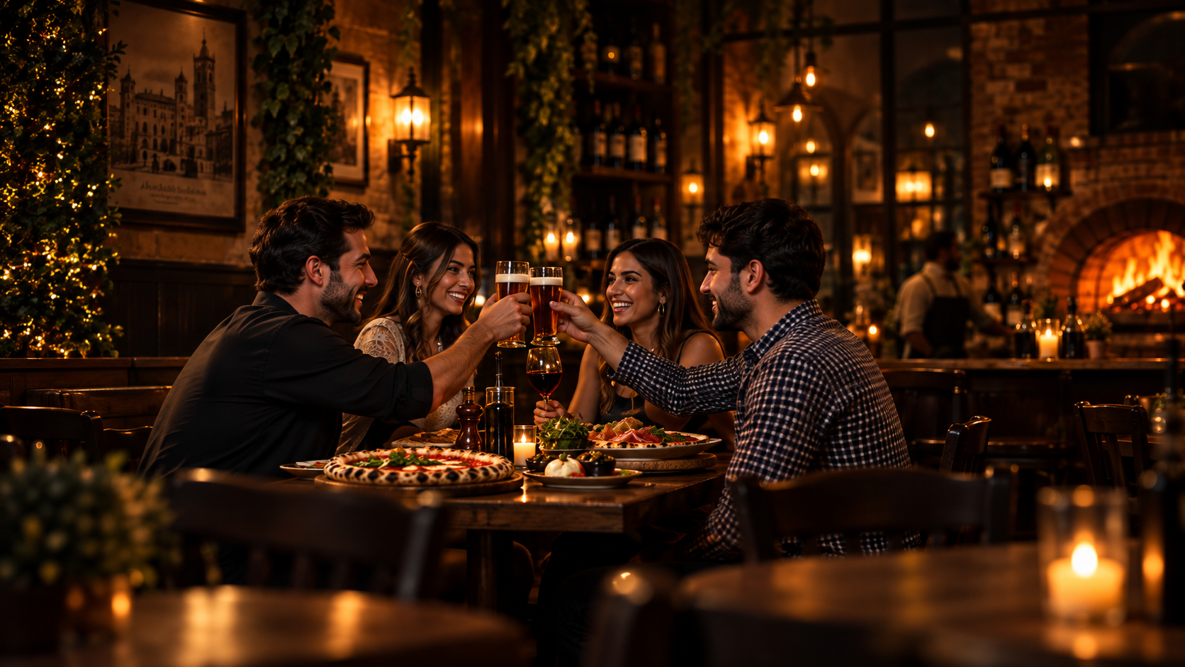 Amigos compartiendo pizza y cerveza