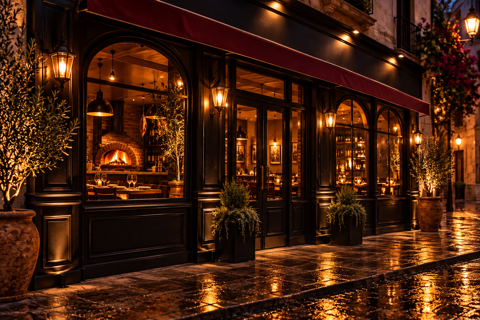 Fachada nocturna de Pizzas Corleone