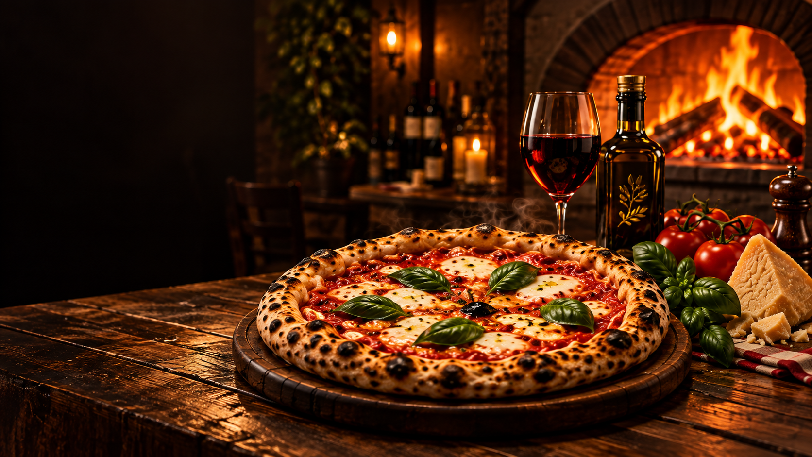 Pizza artesanal frente a un horno de leña
